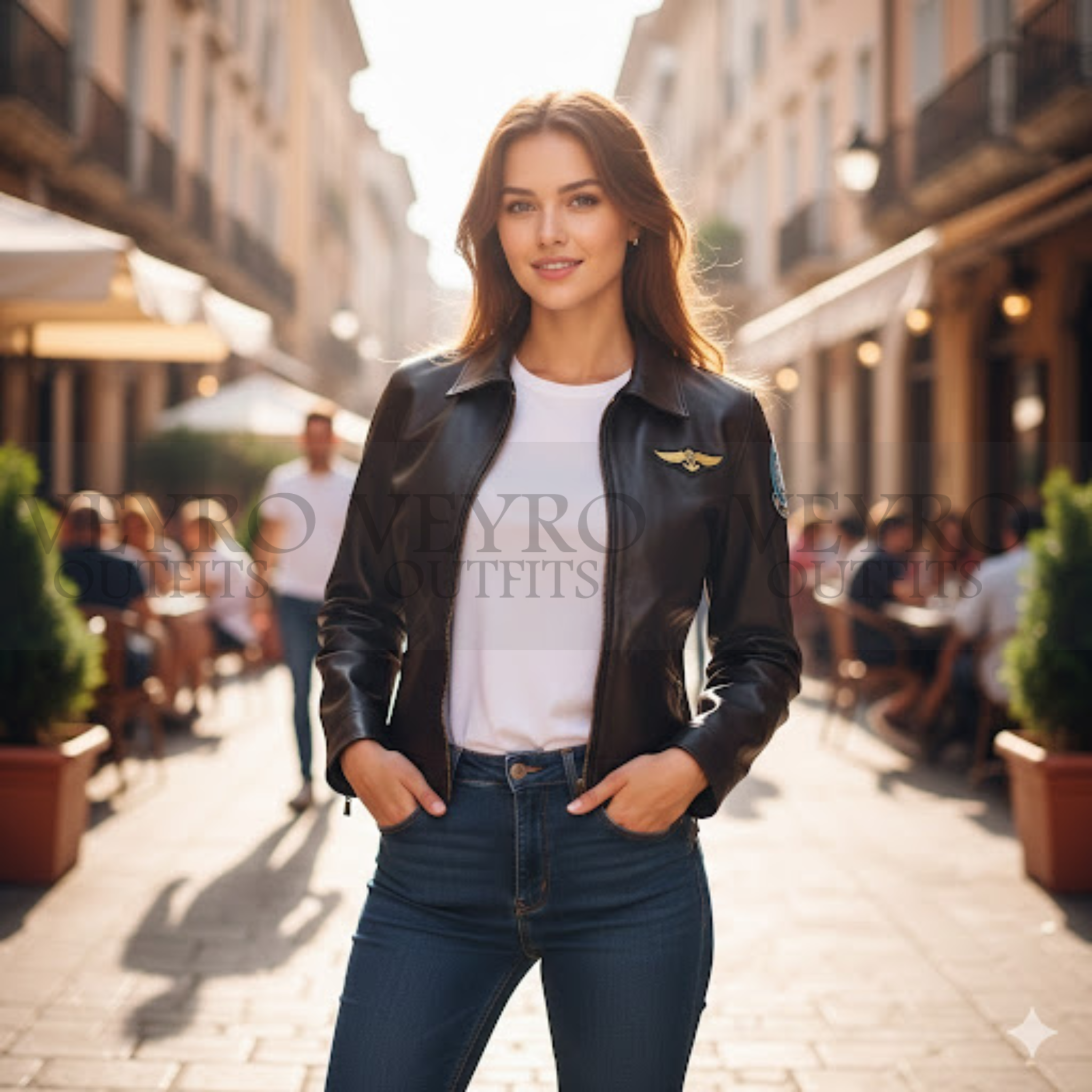 Women’s Aviator Jacket | The Onyx Bomber – Black Leather, Slim Fit with Pilot Patches