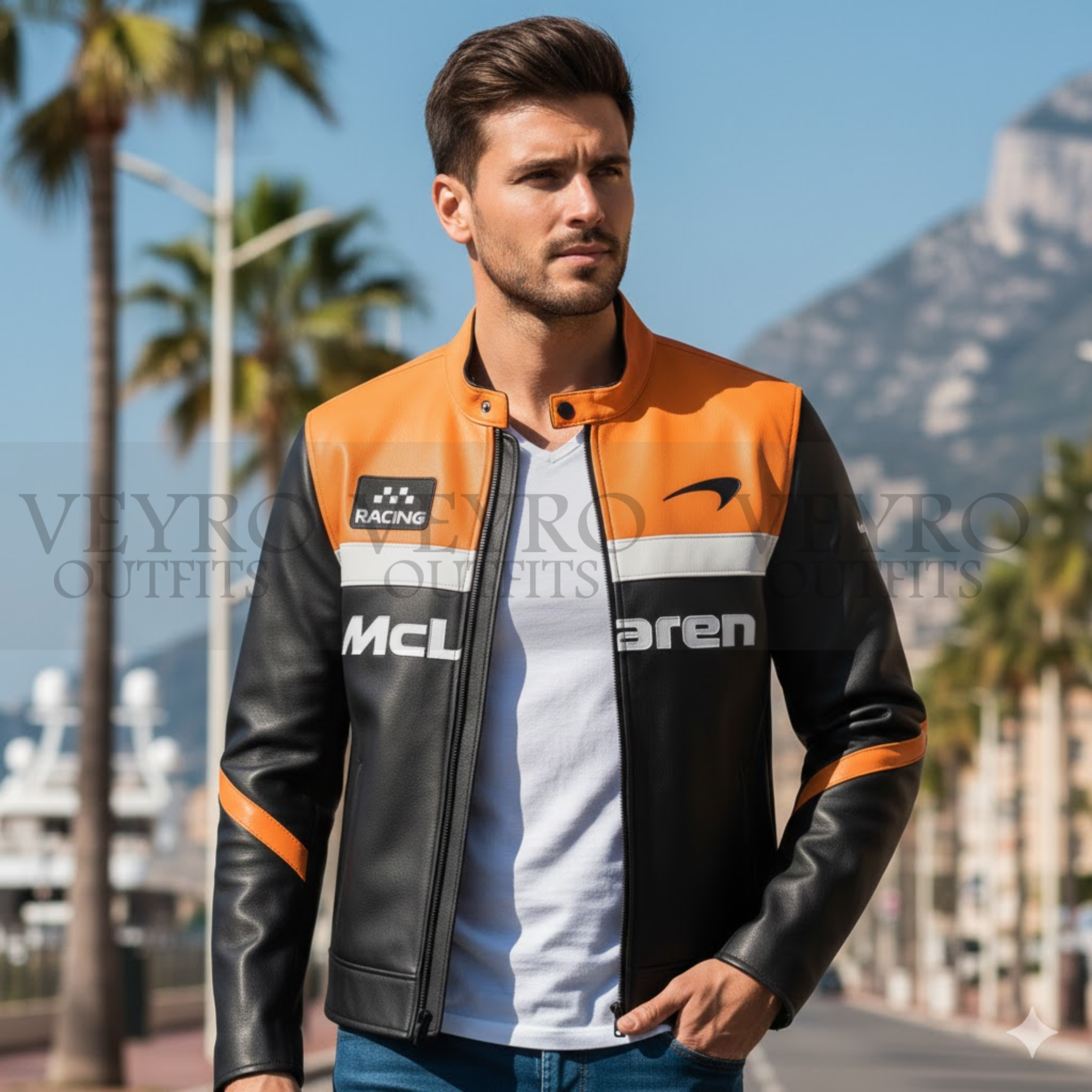 McLaren Leather Jacket – Heritage Racing Color Block in Orange & Black