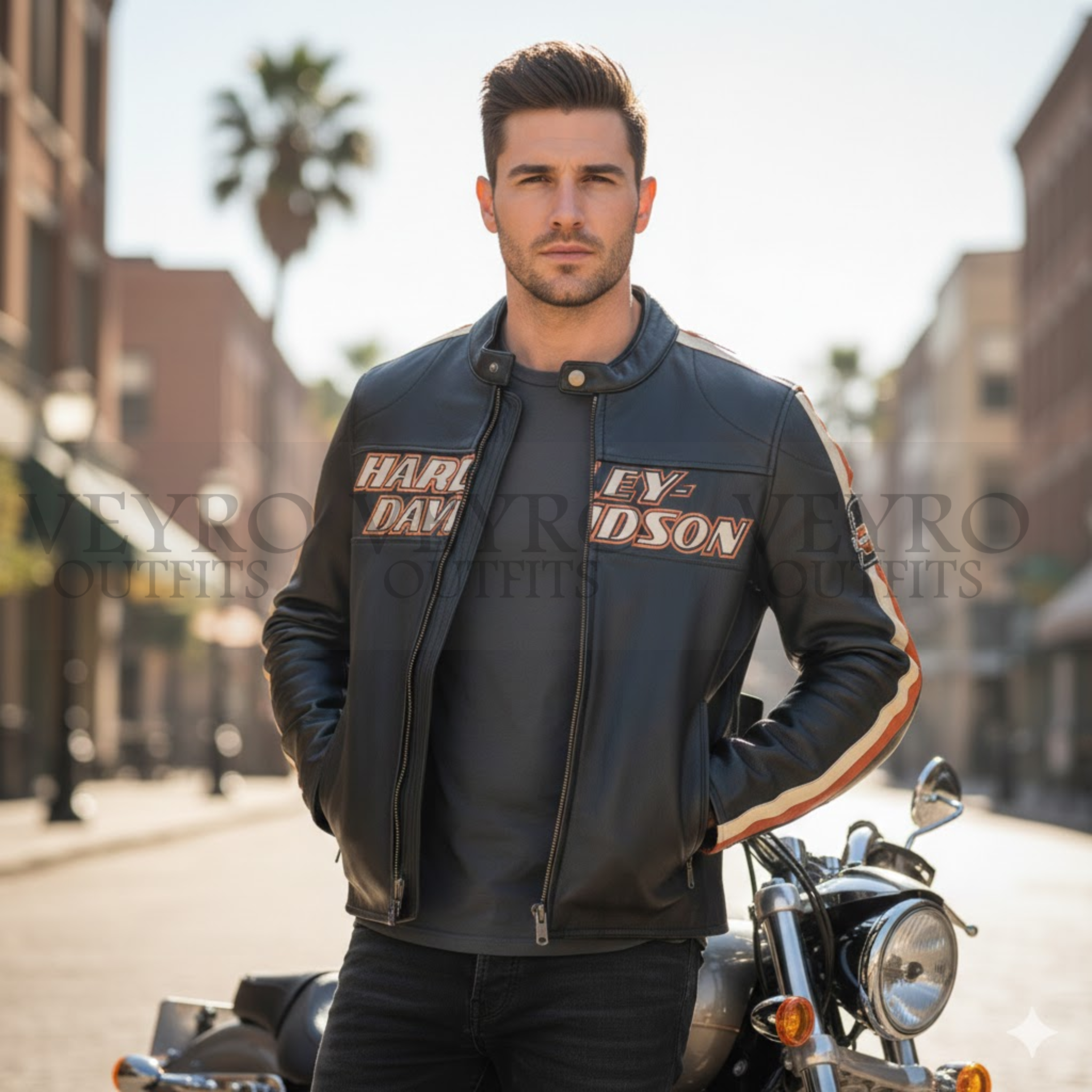 Harley-Davidson Leather Jacket for Men – Victory Lane Racing Stripe Biker Style