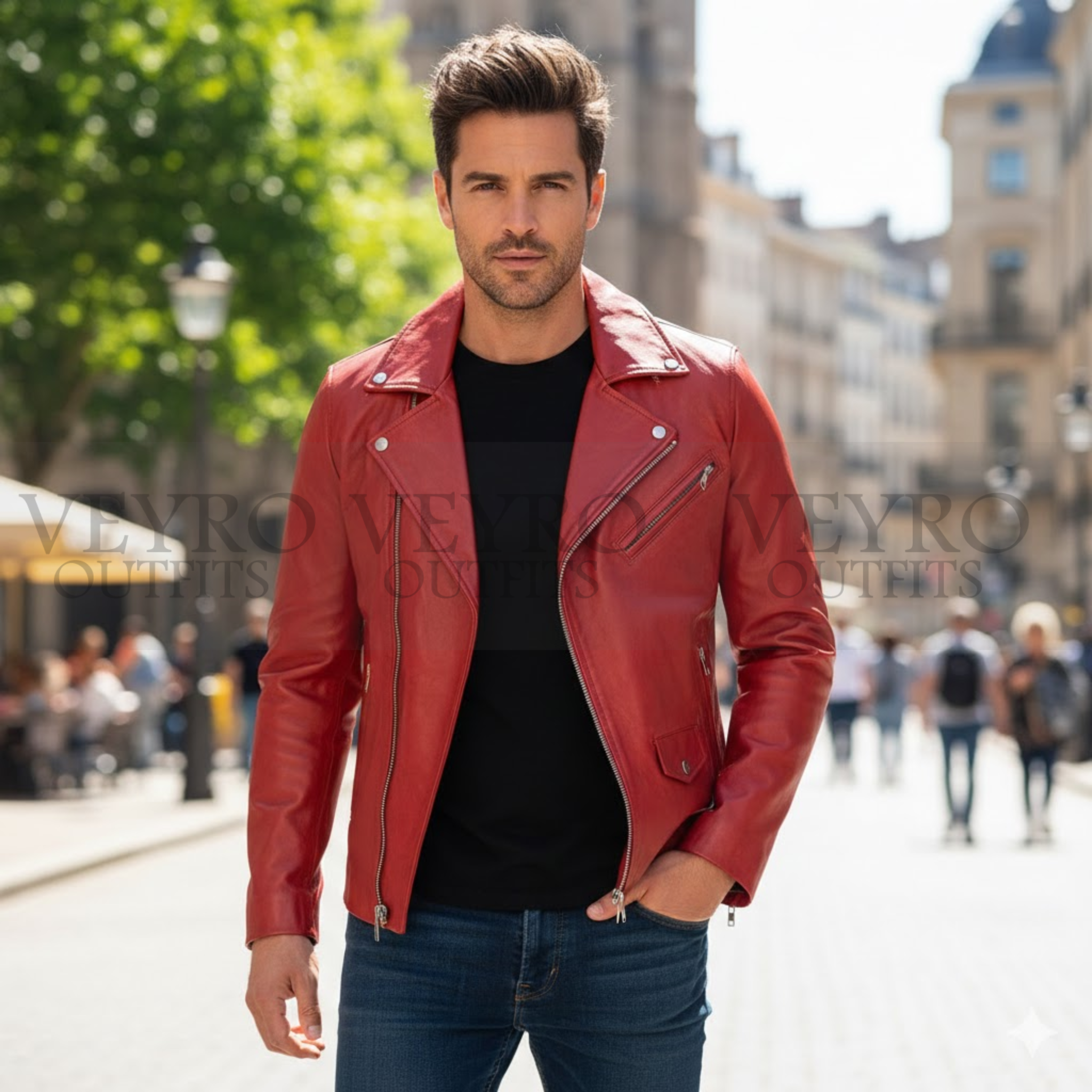 Vibrant Cherry Red Biker Jacket with Lightning Bolt Patch