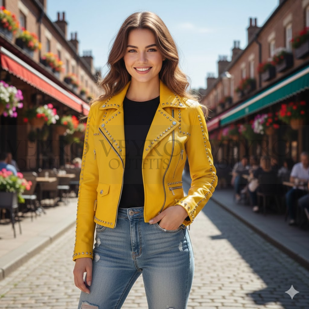 The Sundown Studded Jacket-A bright yellow asymmetrical moto jacket