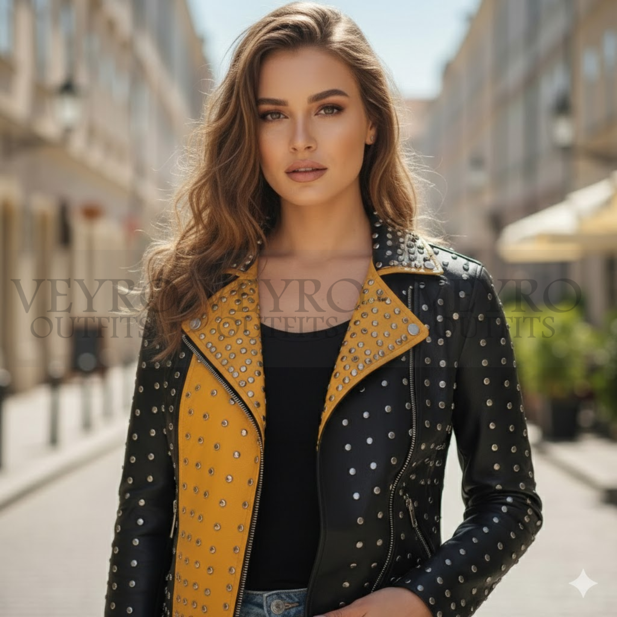 Neon Noir Asymmetric Biker Jacket – Two-Tone Studded Leather with Lightning Back