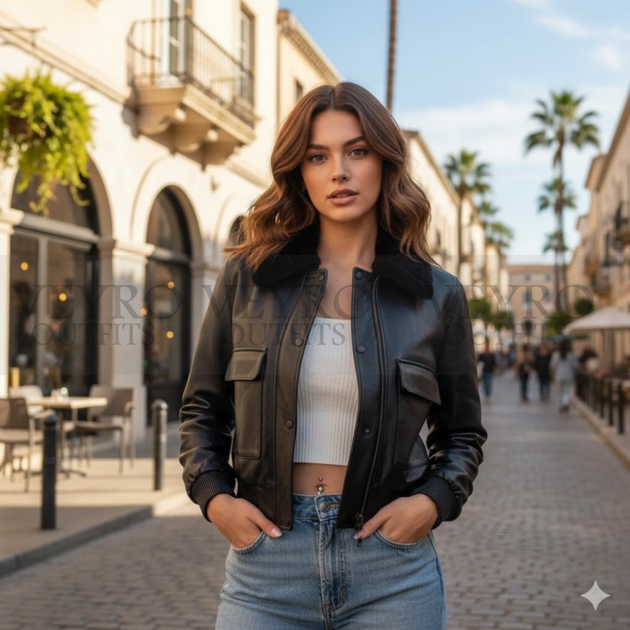 Women’s Leather Bomber Jacket | Classic Black with Faux Shearling Collar