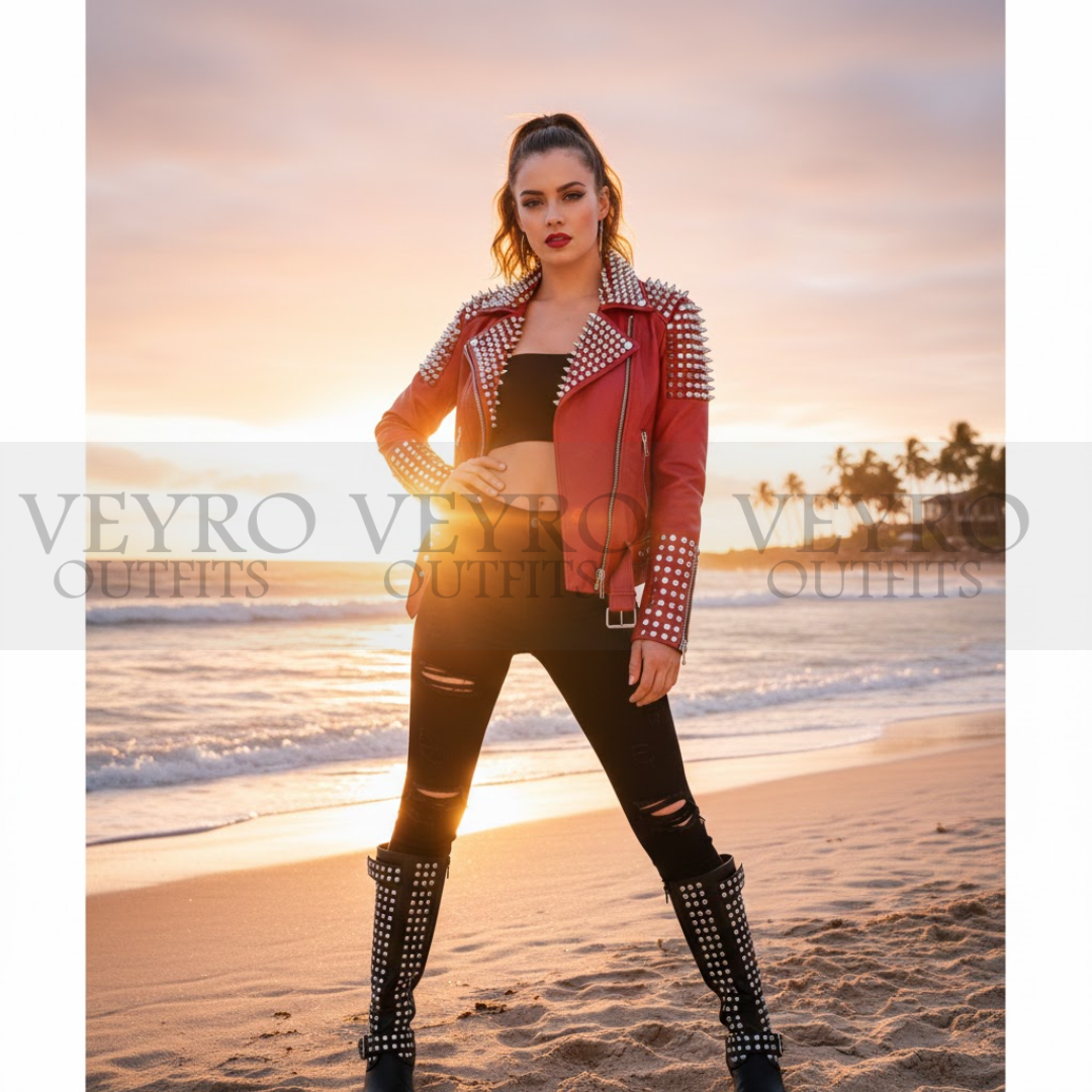 The Crimson Arsenal Jacket – Premium Red Faux Leather with Silver Spikes & Studs
