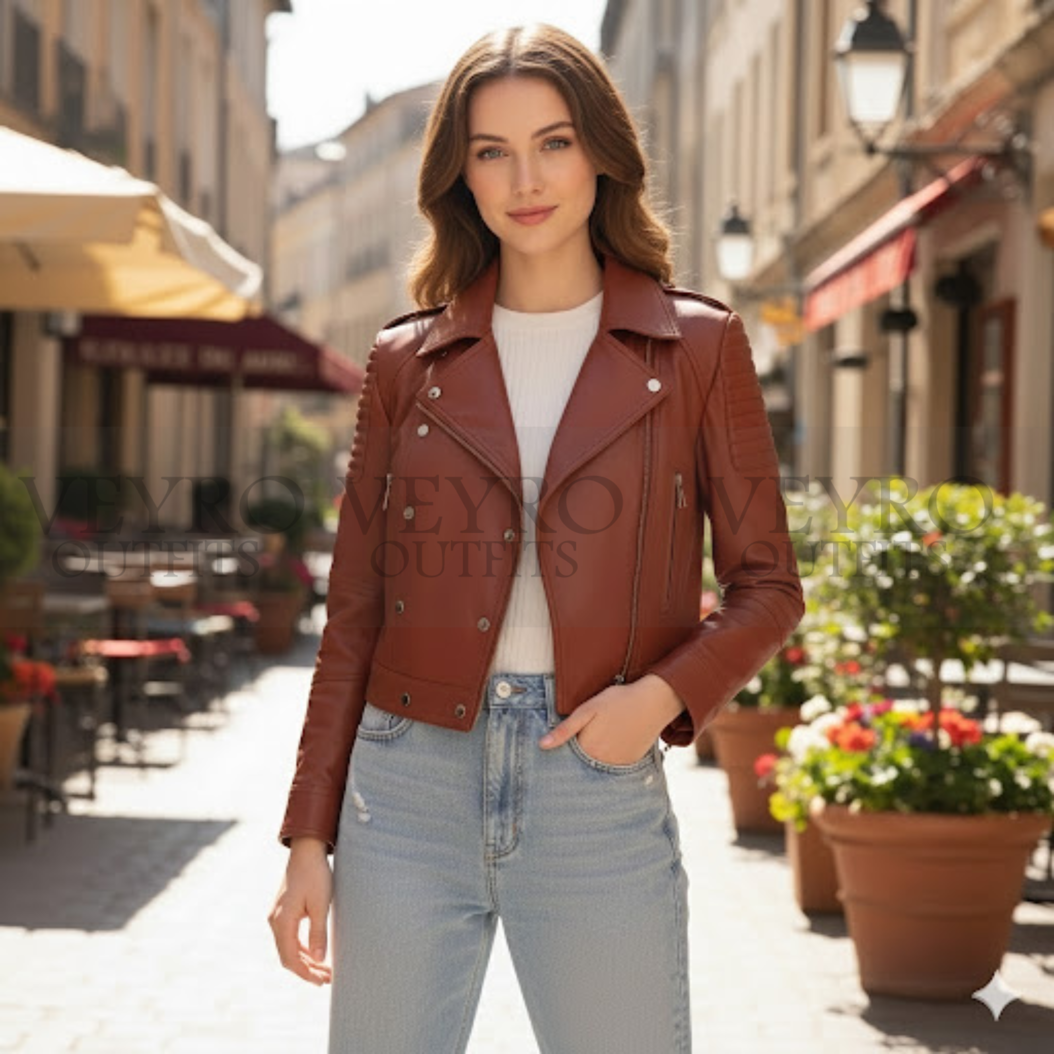 Catalina Women’s Quilted Leather Jacket – Cropped Cognac Biker Jacket