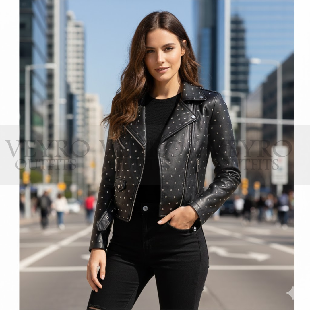 The Iconoclast Biker Jacket-Women’s Studded Matte Black Leather Biker Jacket
