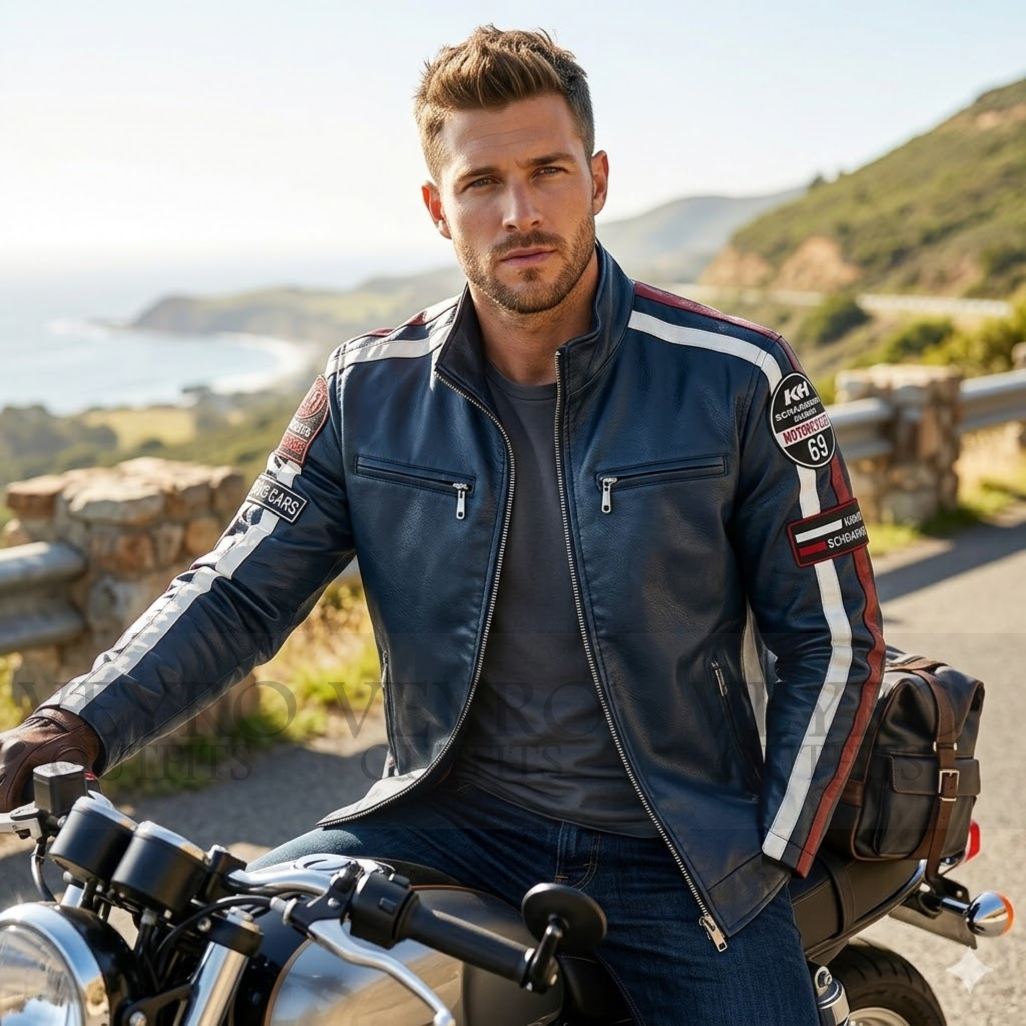 Men’s Deep Navy Blue Faux Leather Racing Jacket | KH Motorcycles 69 Patch