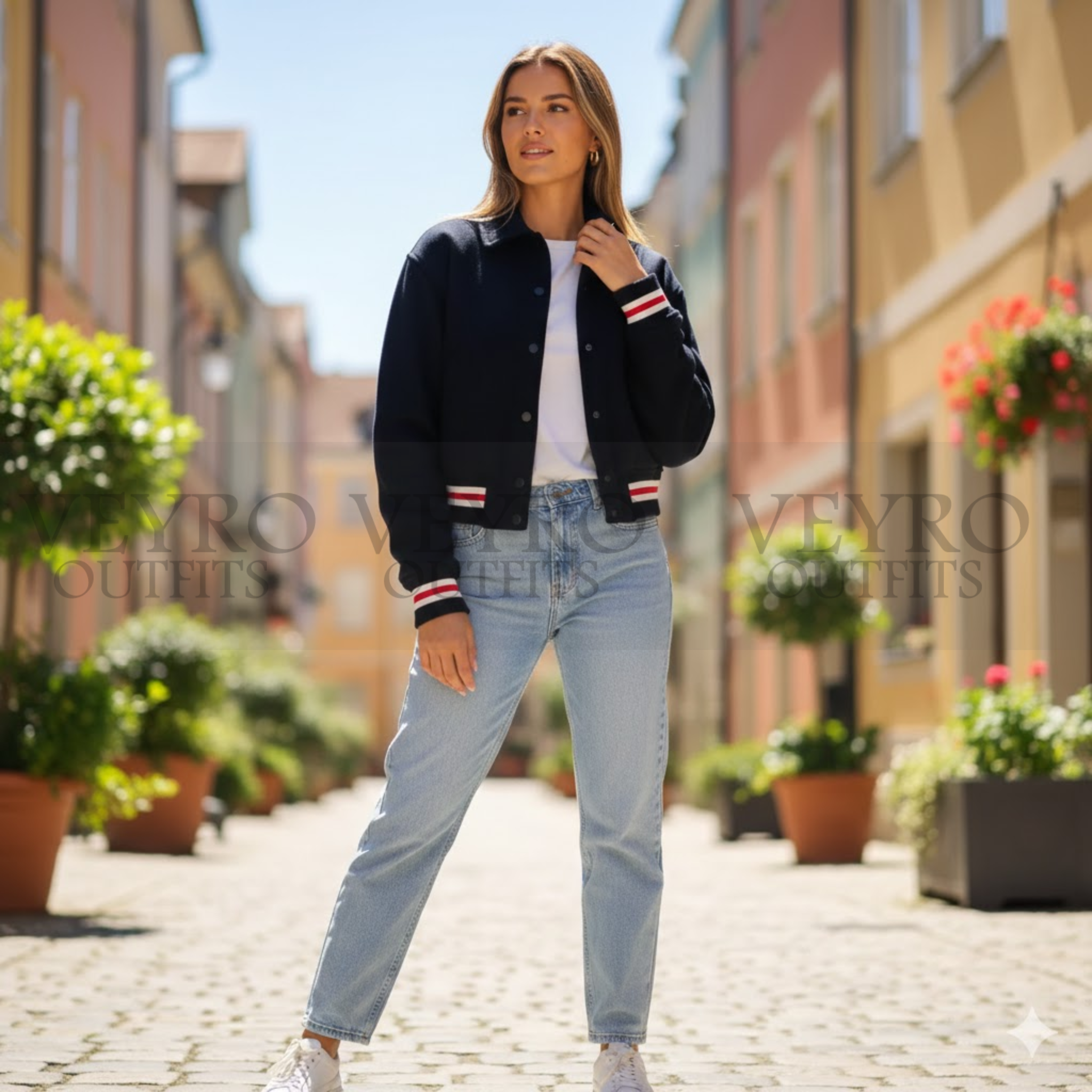 Cropped Bomber Jacket | Nautical Navy with Red-White Ribbed Trim