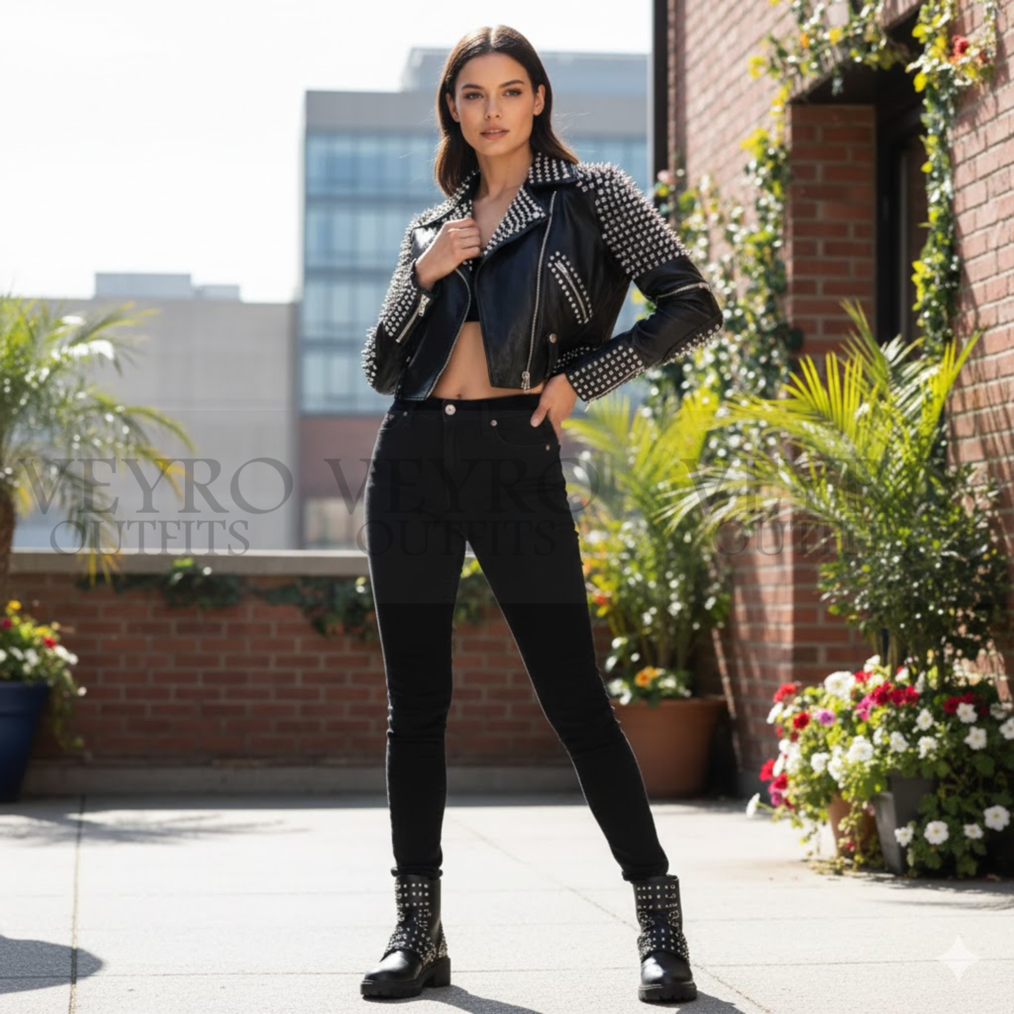 Studded Leather Jacket – Silver Spikes & Studs Cropped Moto Jacket