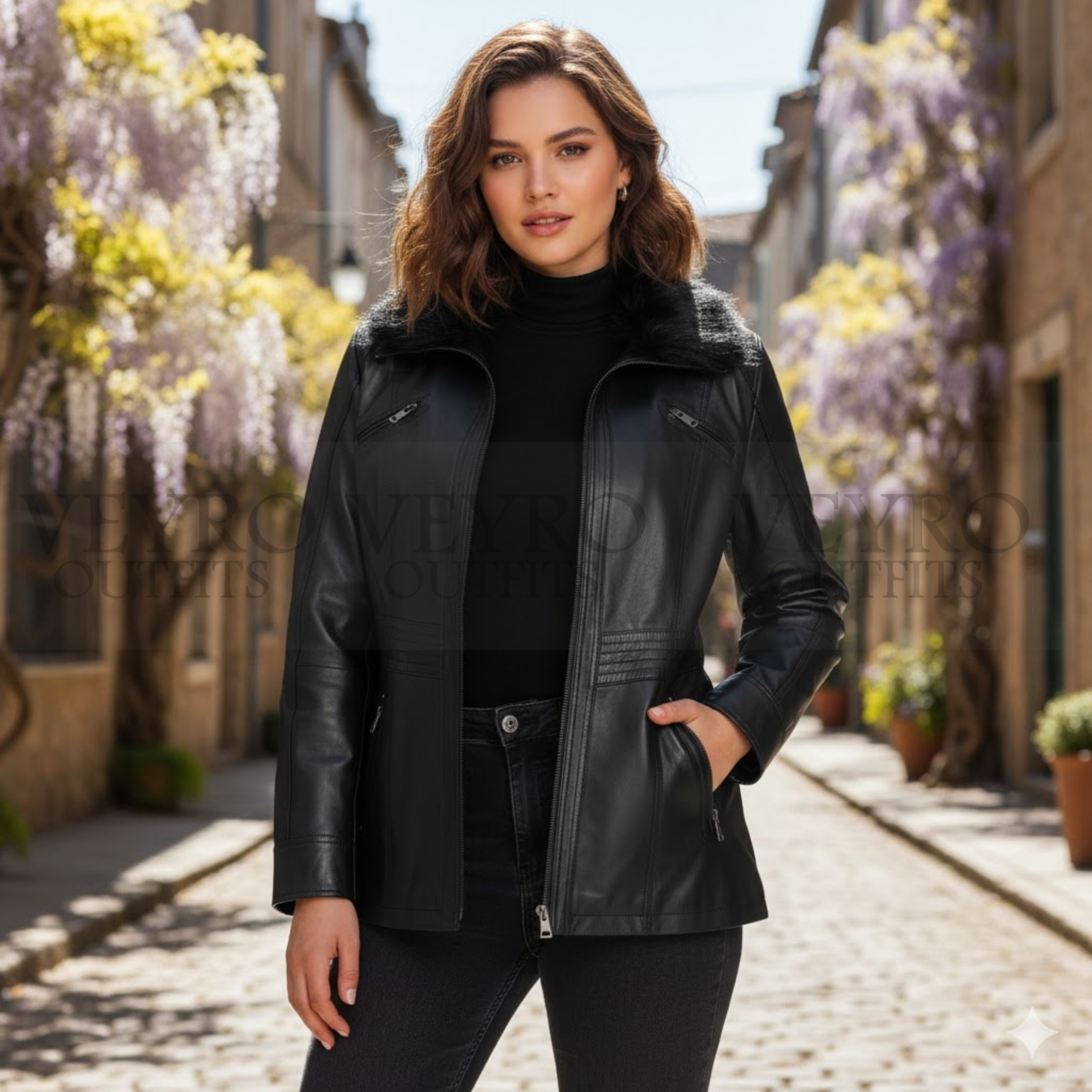 LUMINA – Faux Fur Collar jacket Fitted Black Leather