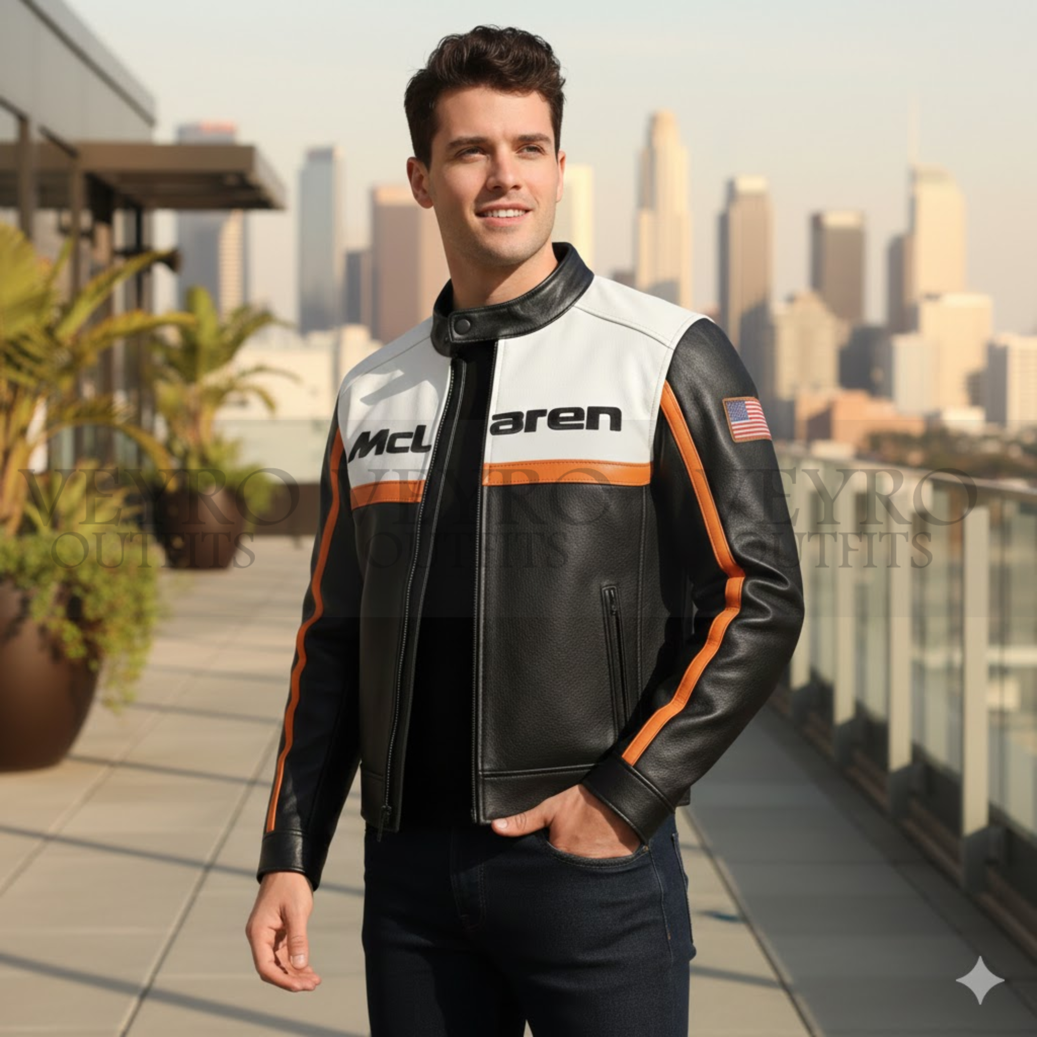 McLaren Jacket | Genuine Leather Racing Jacket with Orange Stripe