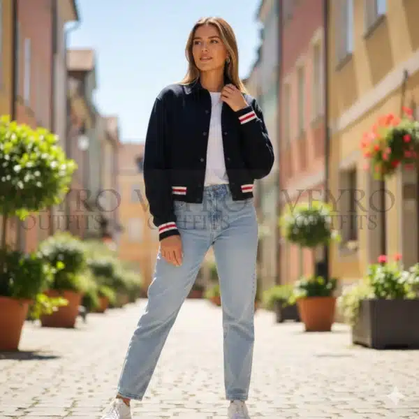Cropped Bomber Jacket | Nautical Navy with Red-White Ribbed Trim