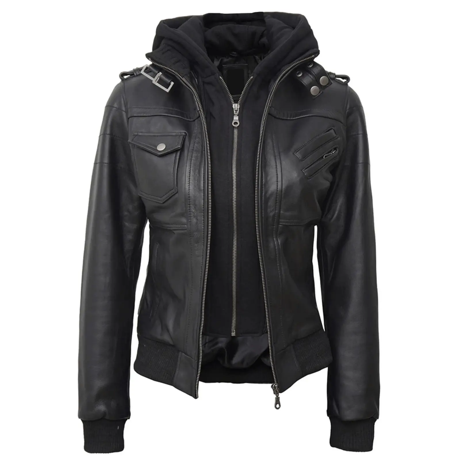 Women’s Black Leather Jacket with Hoodie