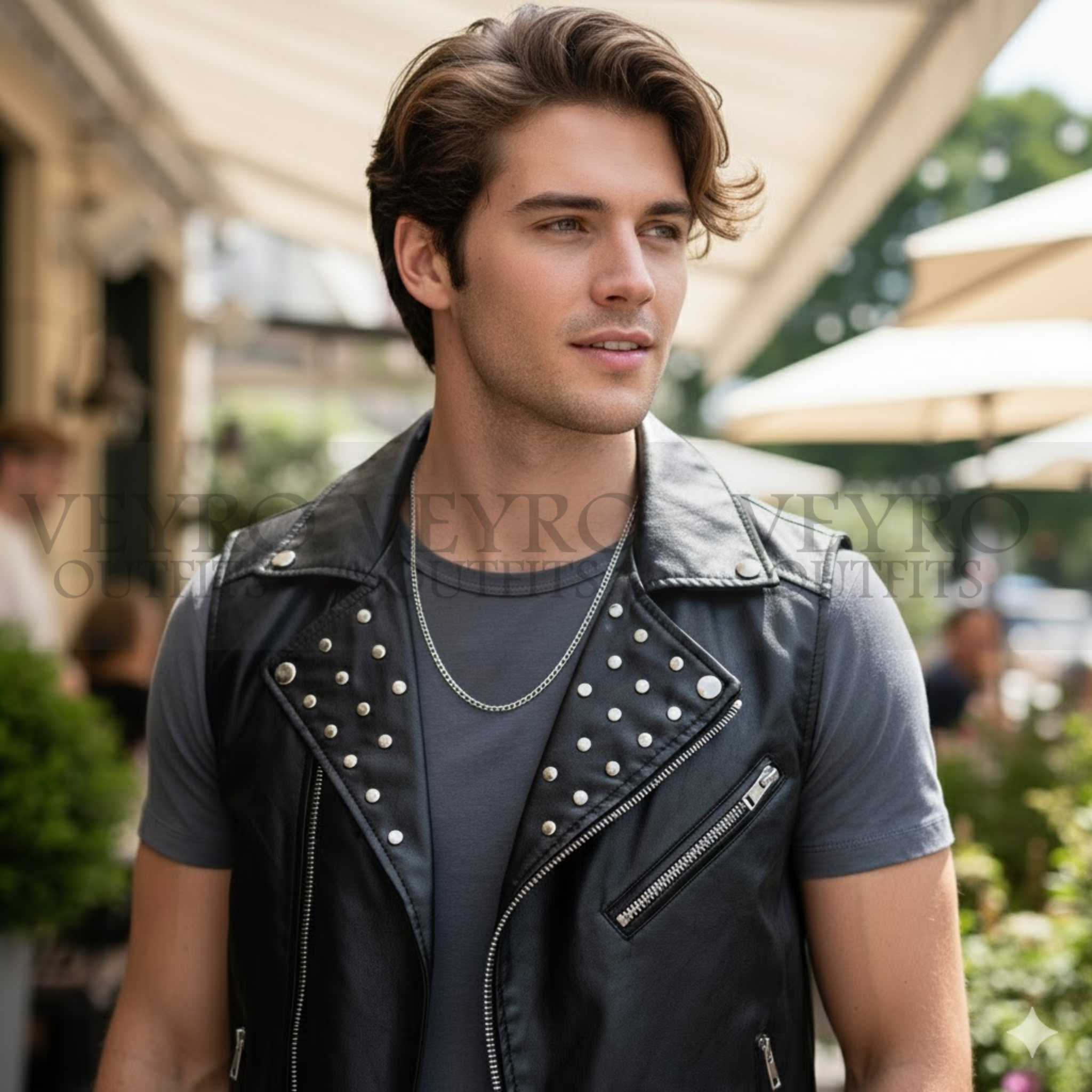 Men’s Black Studded Leather Biker Vest Jacket- Punk Rock Waistcoat