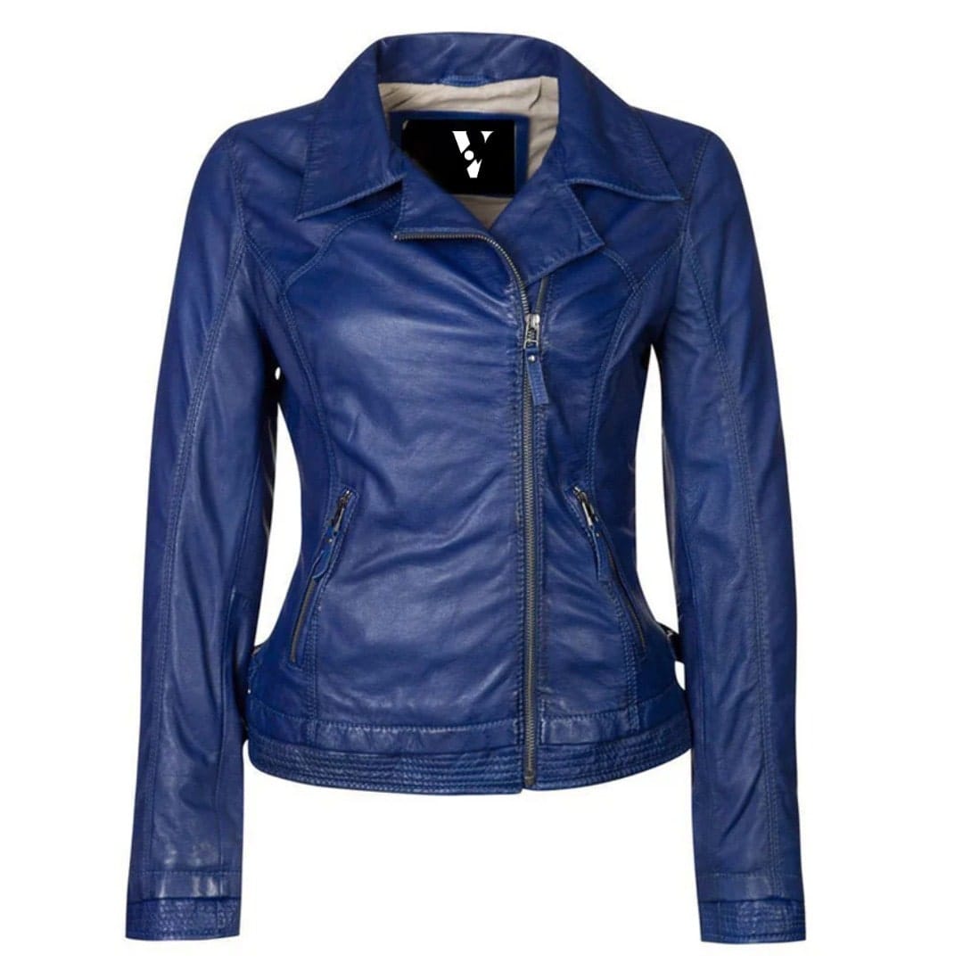 Aurora Women’s Blue Biker Leather Jacket