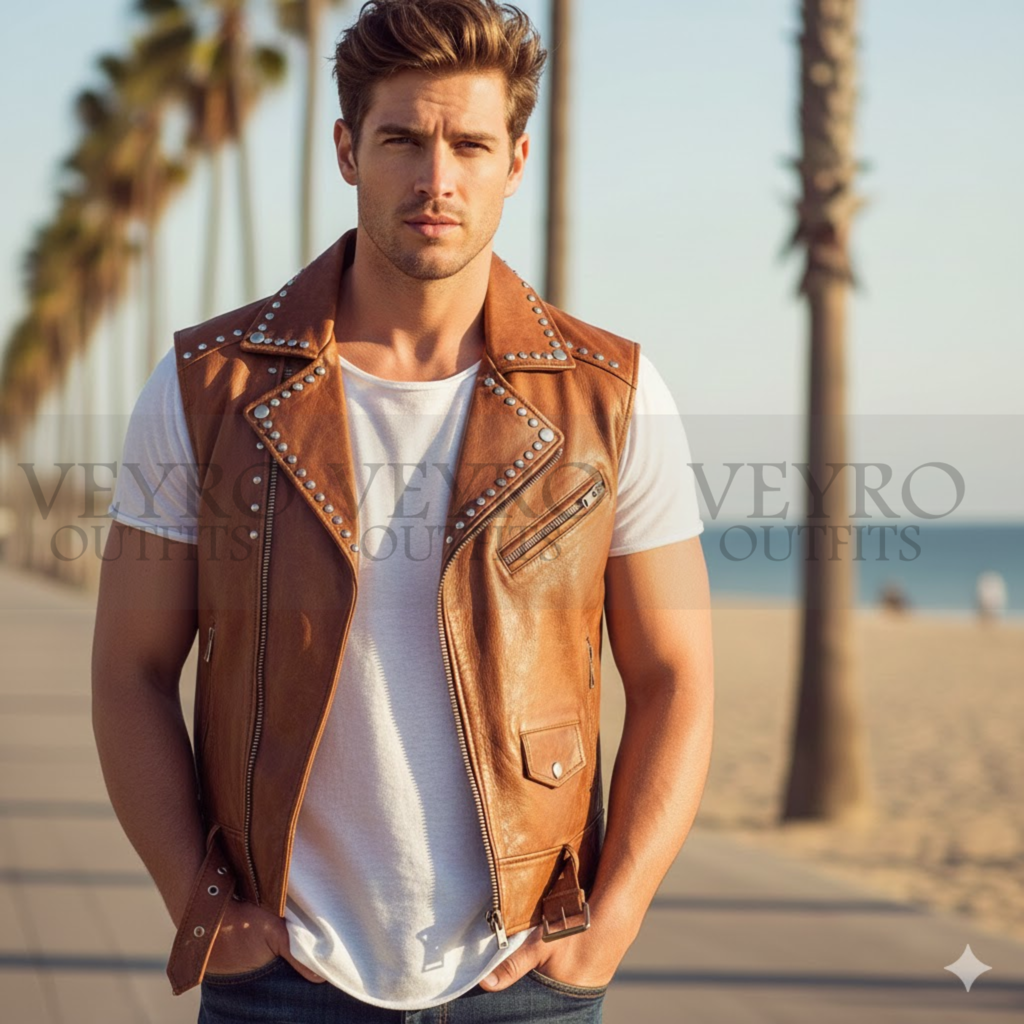 The Aviator Vest Jacket – A Studded Leather Biker Vest with Wingback Detail