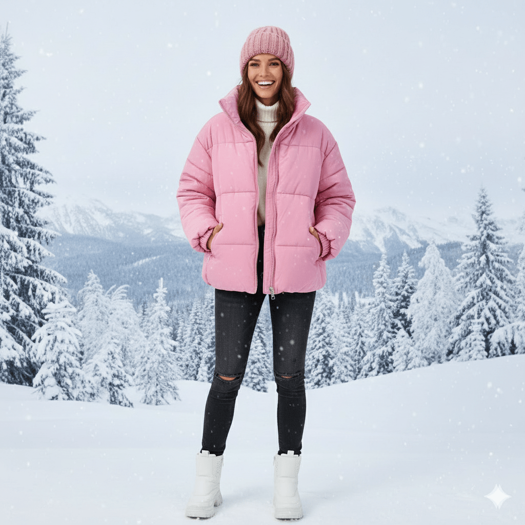 Pastel Rose Oversized Puffer Jacket for Women – Winter Quilted Coat