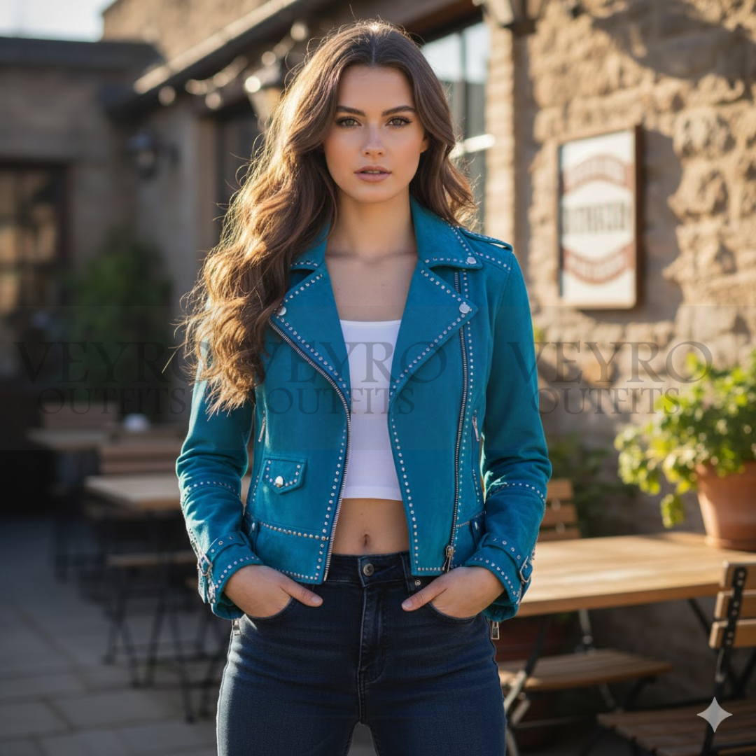 The Peacock Rider Studded Suede Leather Jacket