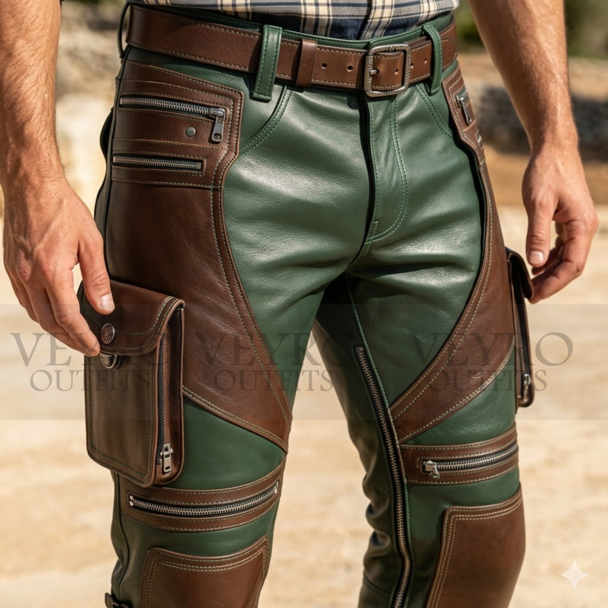 NightWolf Two-Tone Tactical Leather Pants | Forest Green & Brown Motorcycle Cargo Pants