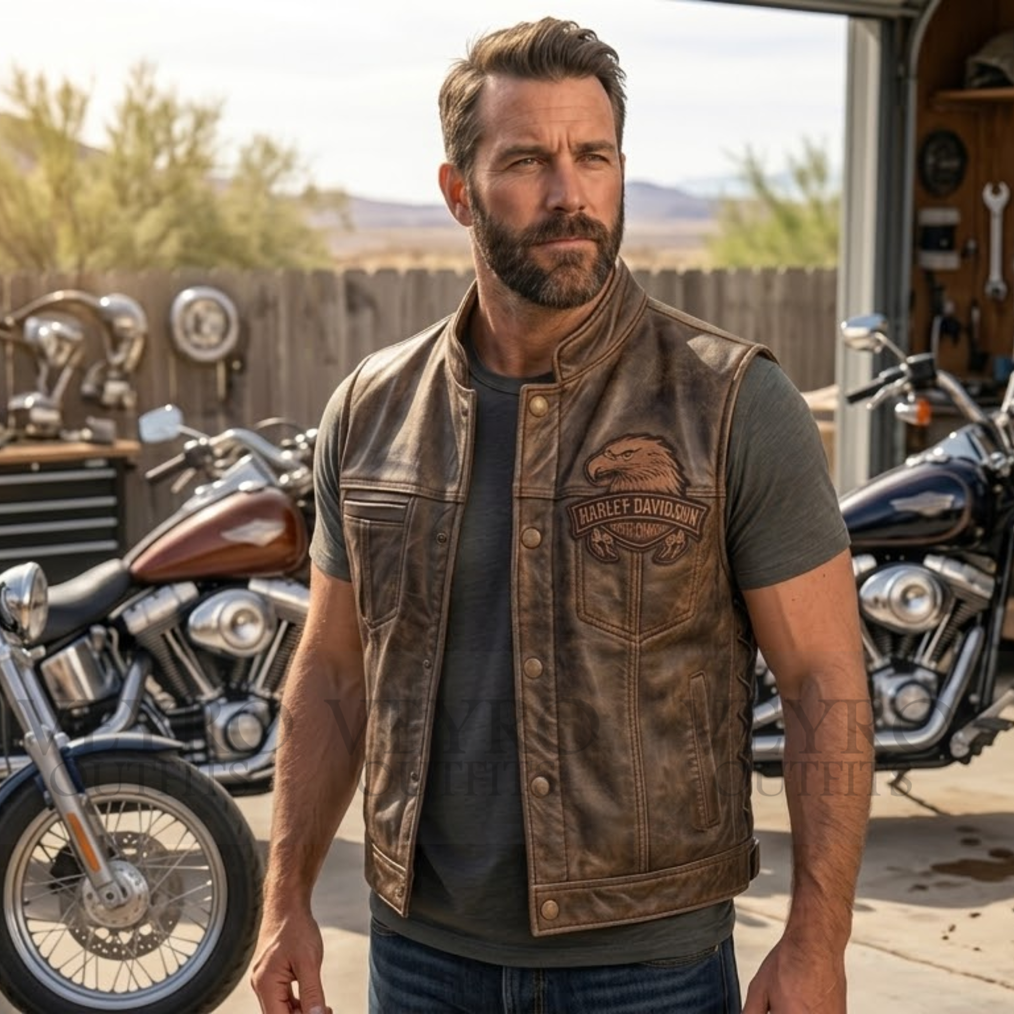Men’s Vintage Distressed Tobacco Brown Leather Biker Vest | Harley-Davidson Eagle & Bullhead Embossed