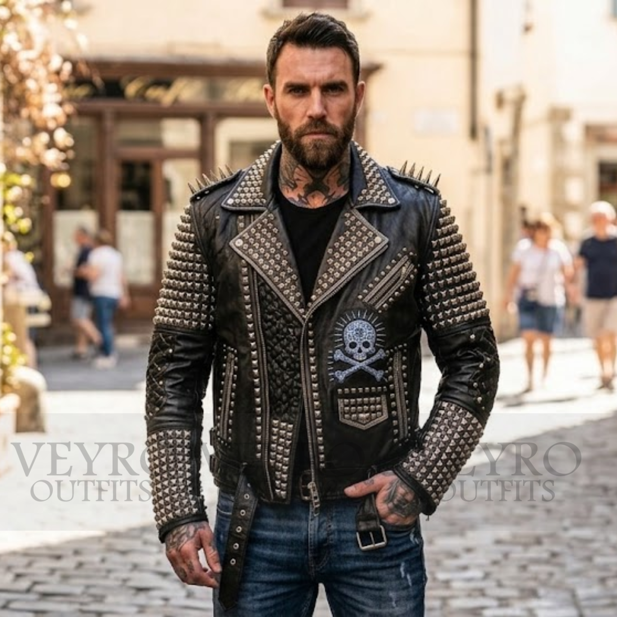 Studded skull leather biker jacket
