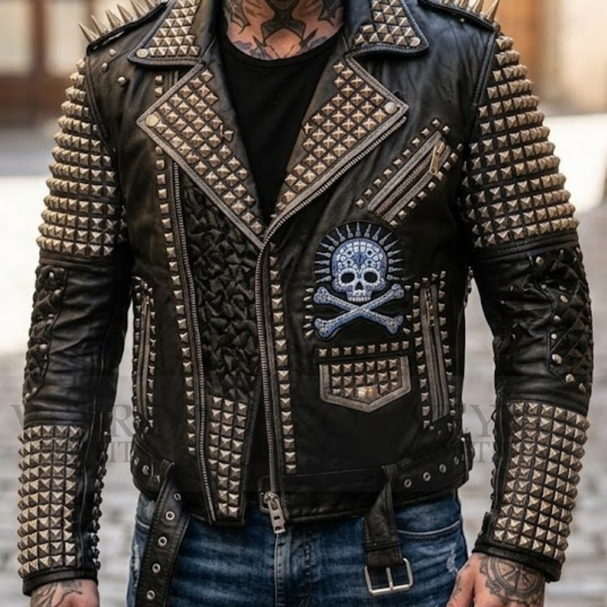 Studded skull leather biker jacket