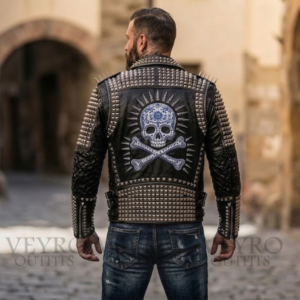 Studded skull leather biker jacket