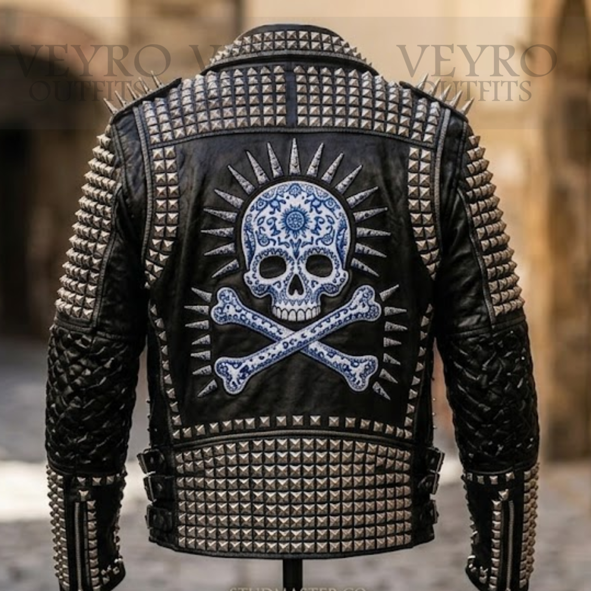 Studded skull leather biker jacket