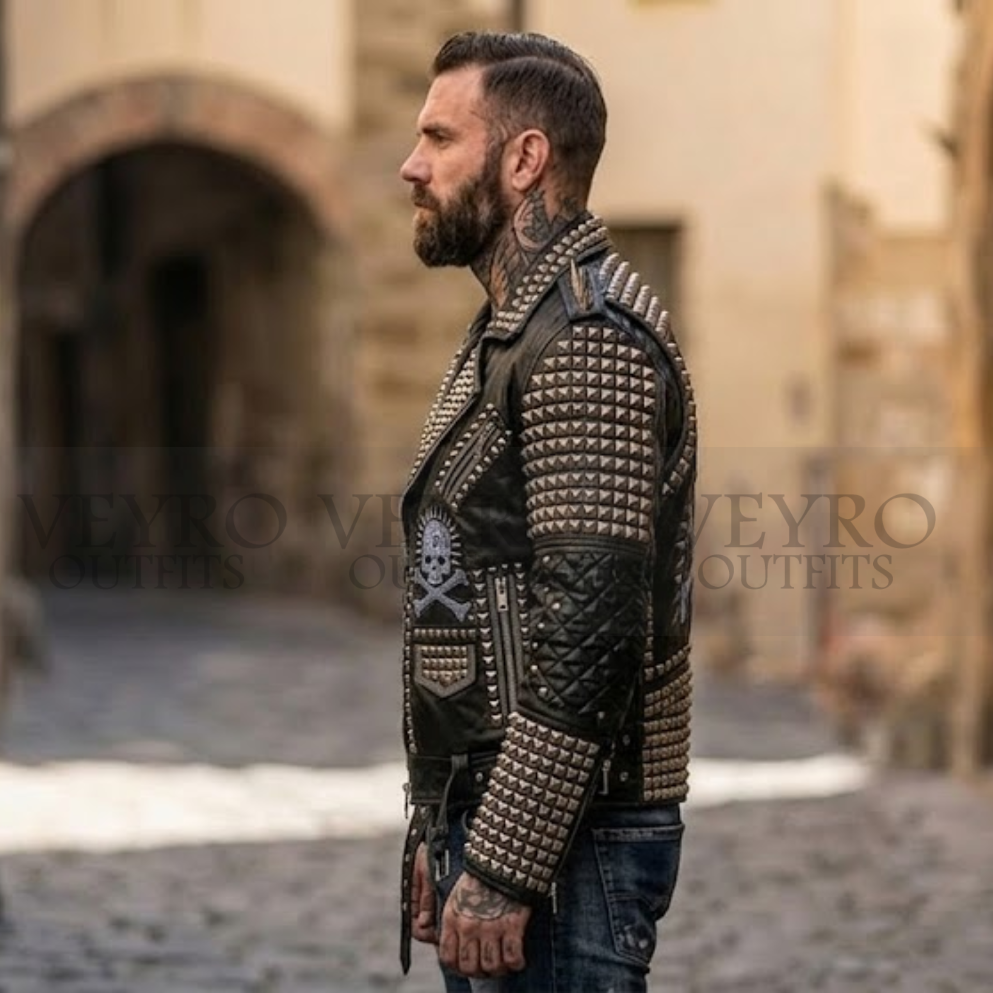 Studded skull leather biker jacket