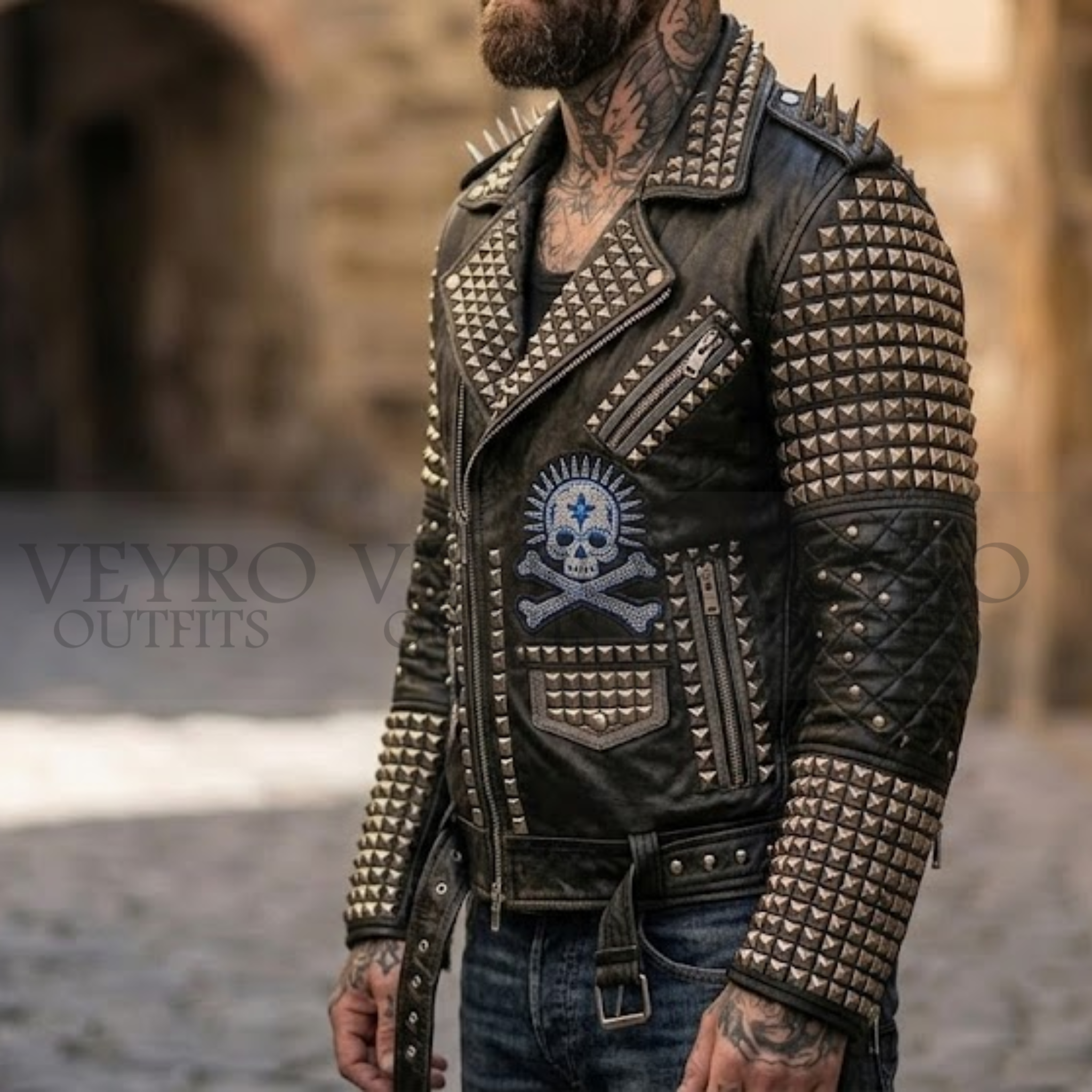 Studded skull leather biker jacket