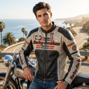 cream perforated leather racing jacket