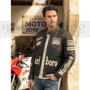 Distressed vintage racing leather jacket