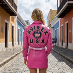 hot pink leather varsity jacket