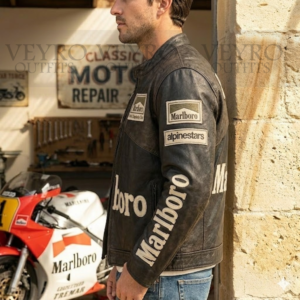 Distressed vintage racing leather jacket