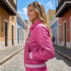 hot pink leather varsity jacket