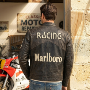 Distressed vintage racing leather jacket