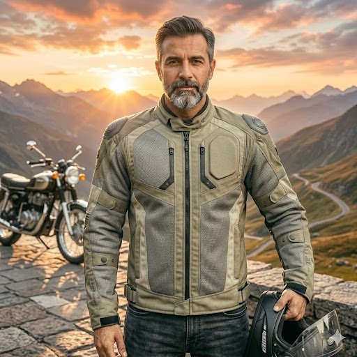 Tan and khaki TrailTec mesh motorcycle jacket by Veyro Outfits with armored shoulders and chest