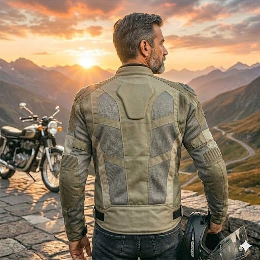 Rear view of tan adventure touring mesh motorcycle jacket showing back protector and airflow panel