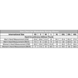 Racing Gloves Size Chart