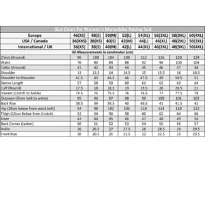 Women Racing Suit Size Chart