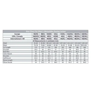 Men Racing Size Chart