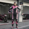 Velocity Pink women's motorcycle racing suit front view - Veyroo Outfits