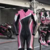 Women's one piece racing suit close-up showing cowhide leather construction