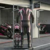 Women's leather racing suit back detail with geometric pattern - pink black white