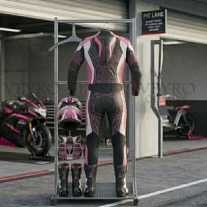 Women's leather racing suit back detail with geometric pattern - pink black white