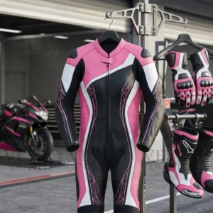 Women's one piece racing suit close-up showing cowhide leather construction