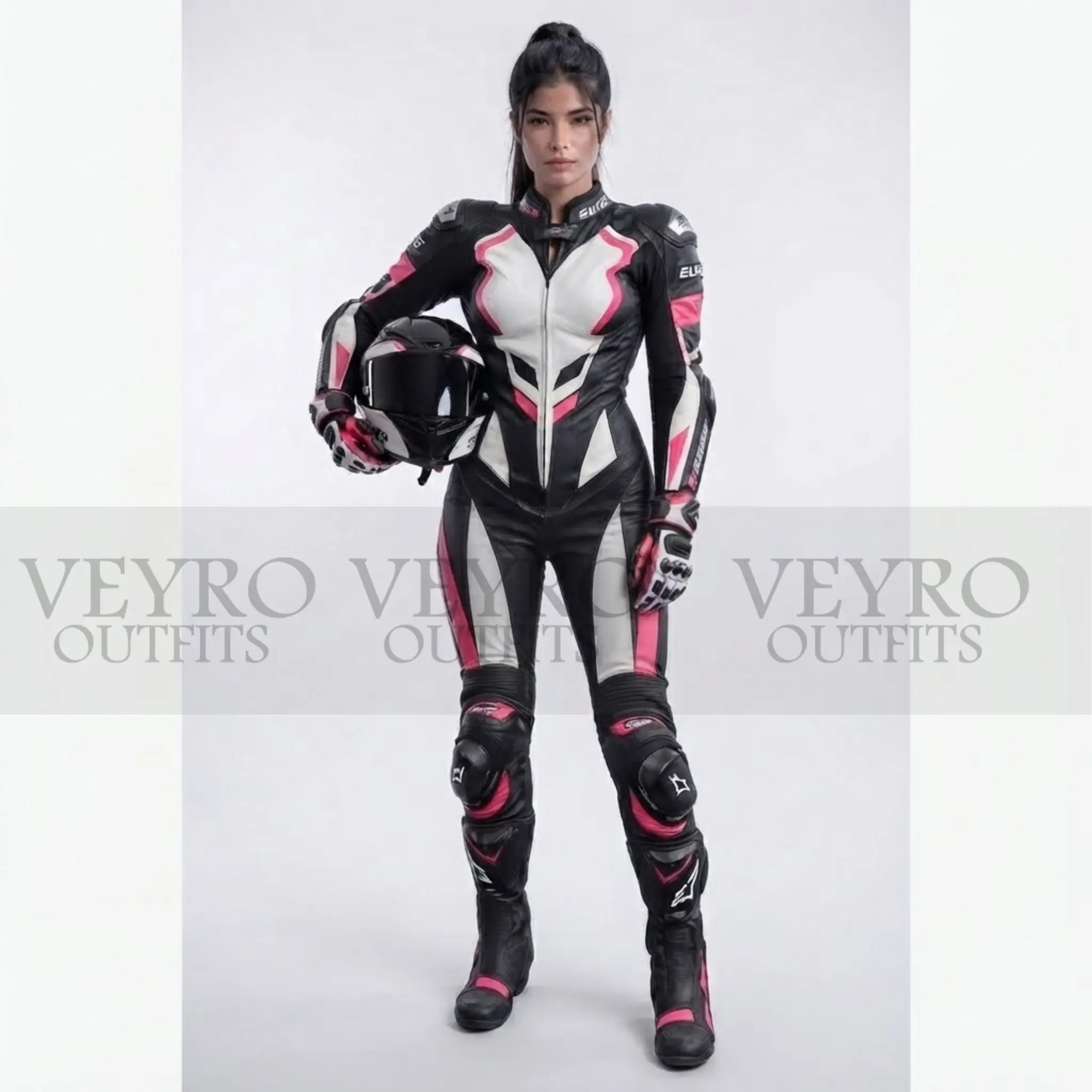 Women's leather racing suit with knee sliders