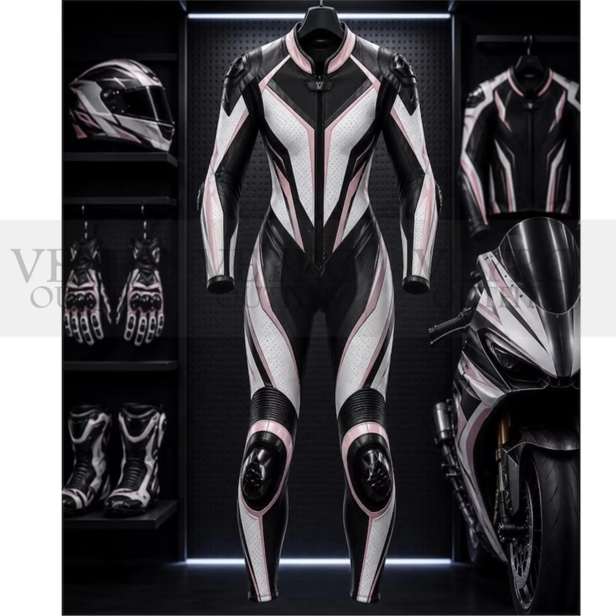 Women’s Leather Motorcycle Racing Suit – Pink Edition (with Back Hump)