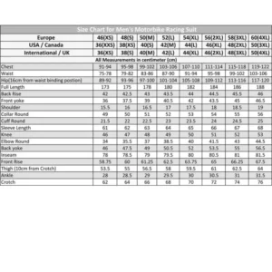 Men's Racing Suit Size Chart