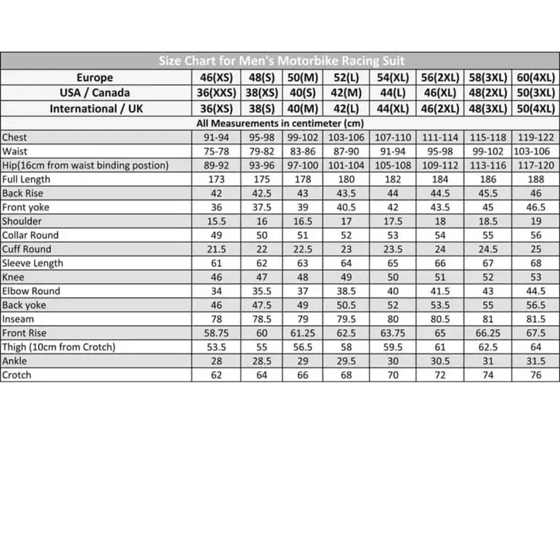 Men's Racing Suit Size Chart